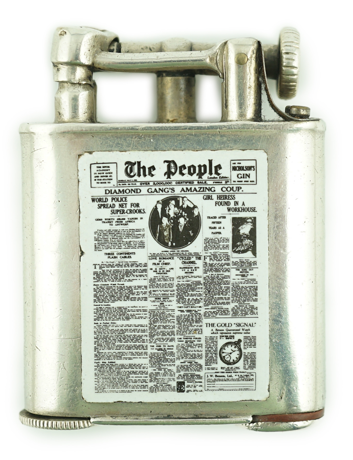 A George V silver novelty lighter, with two colour enamelled panel of 'The People' newspaper front cover dated May 5th, 1929